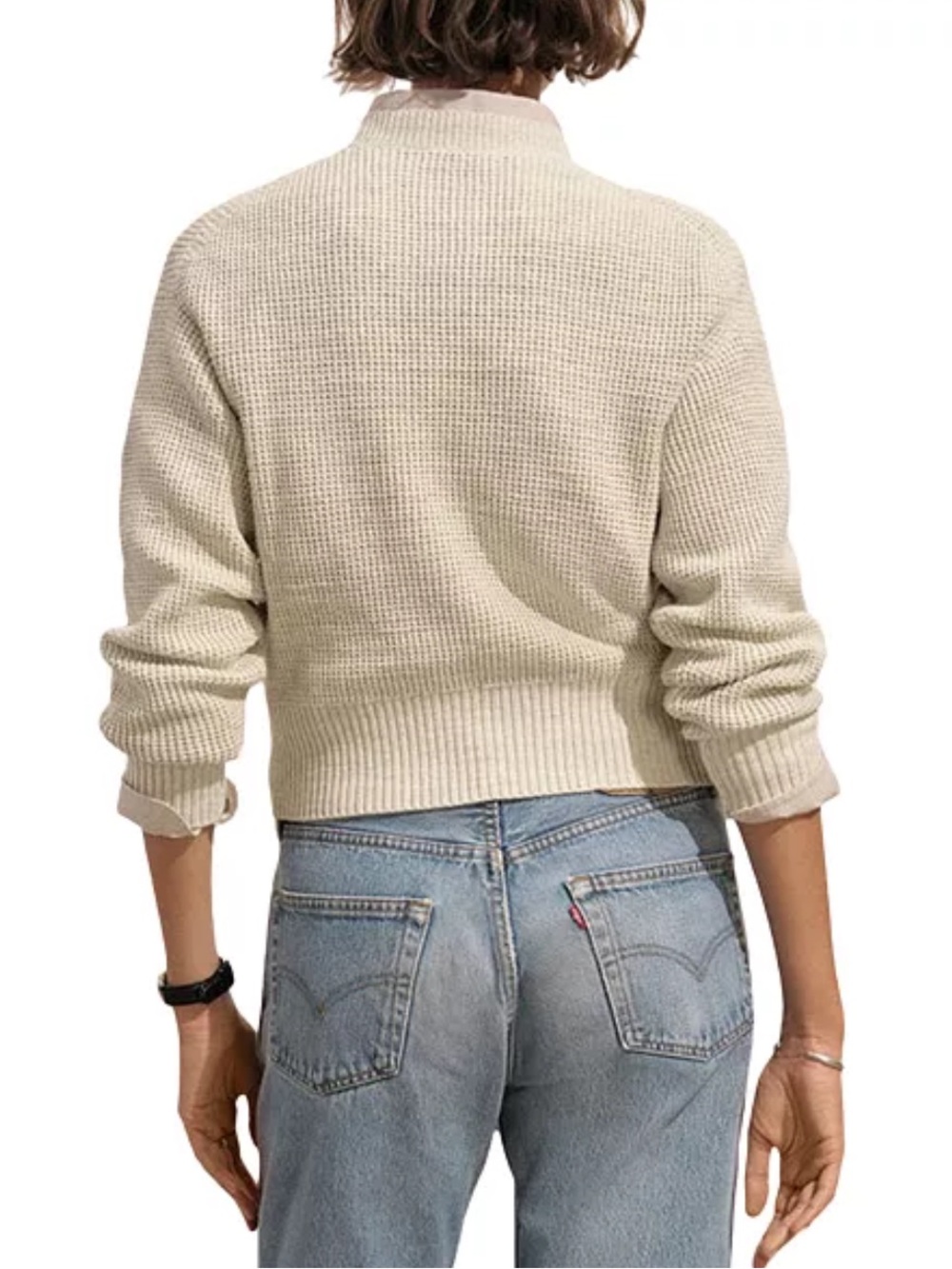 Buck Mason Cotton Cropped Waffle Knit Crewneck Sweater - Cream. Size XS - Picture 3 of 11
